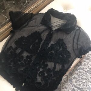 Sheer Black Floral Appliqué Button-Up Top